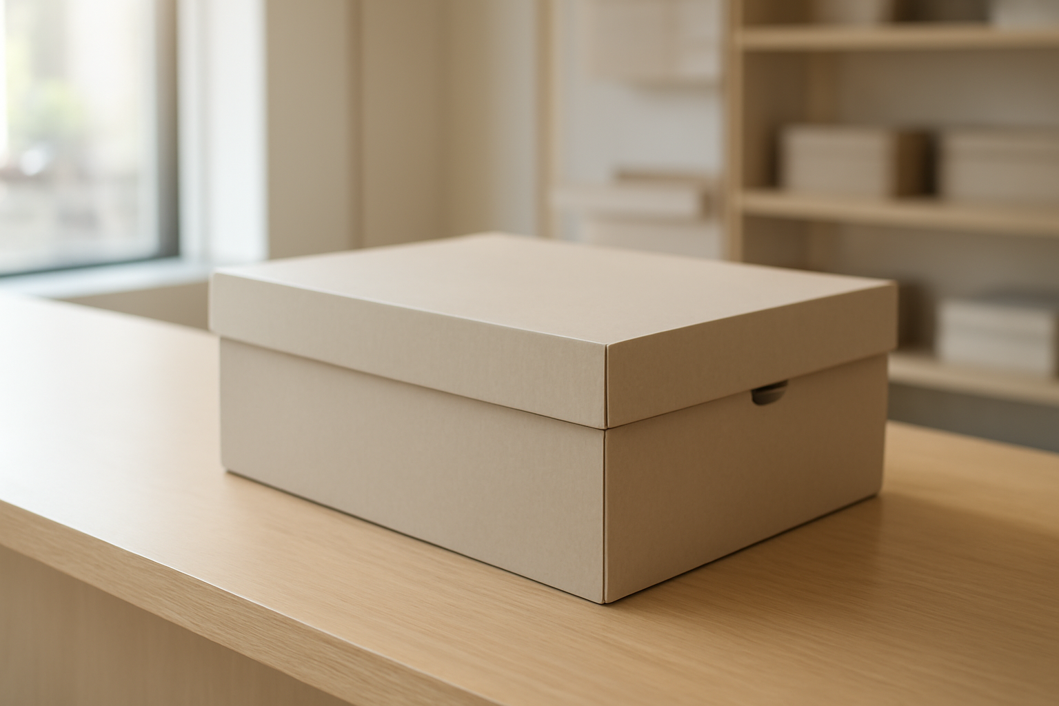 boîte de chaussures posée sur comptoir magasin