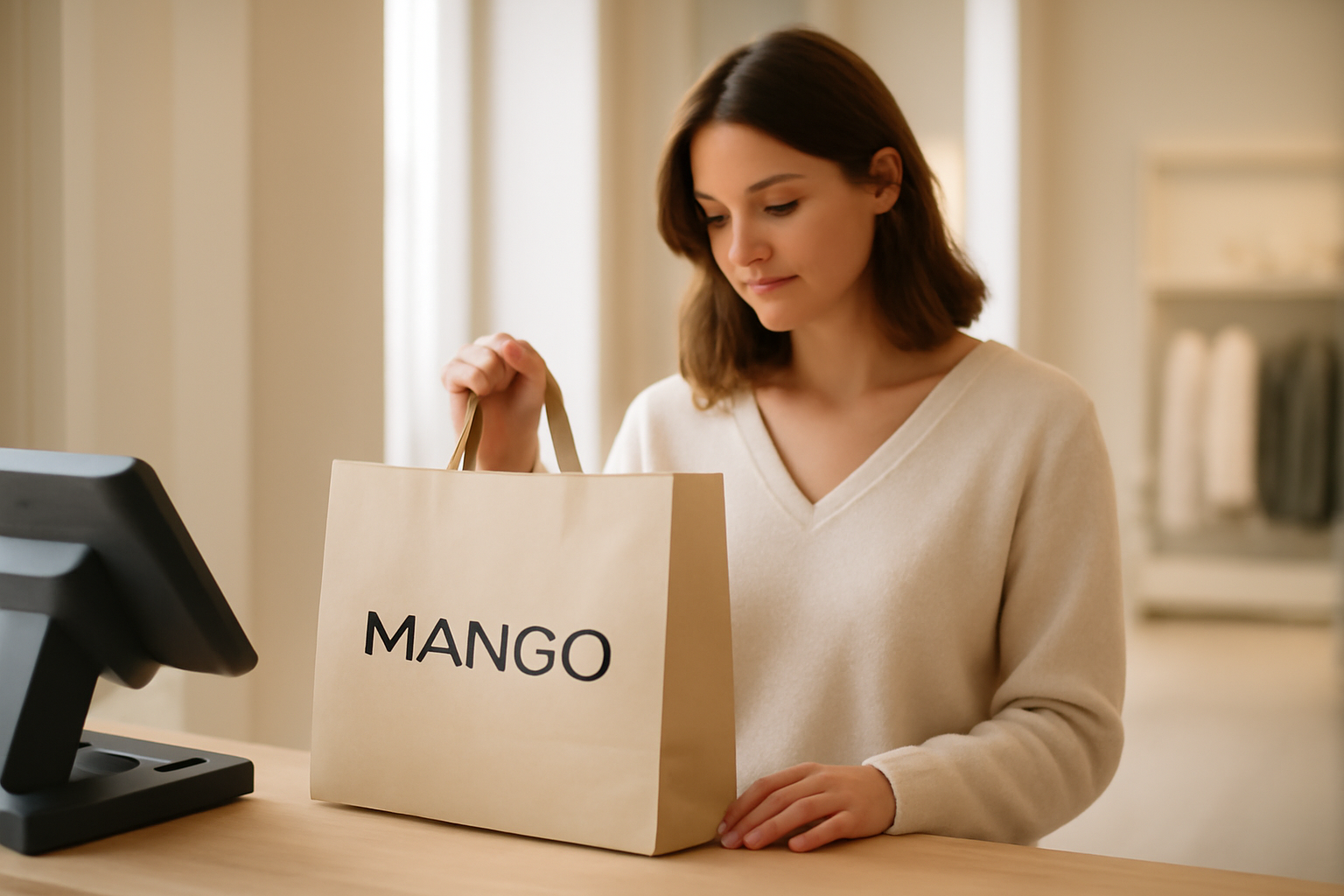 cliente en caisse avec sac mango