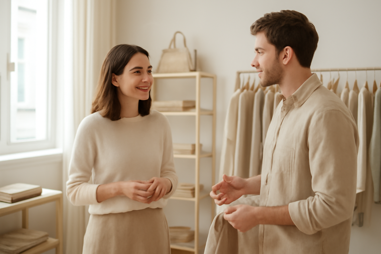 cliente discutant avec vendeur en magasin