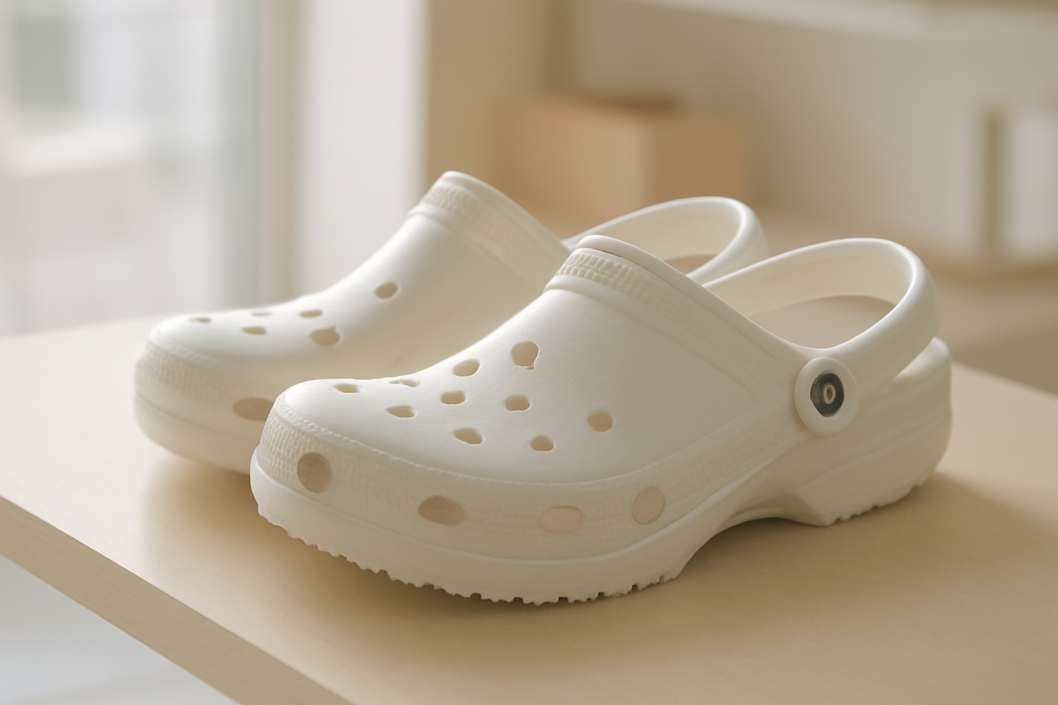 annie-chausseur-retour-crocs-boutique paire de crocs sur comptoir magasin
