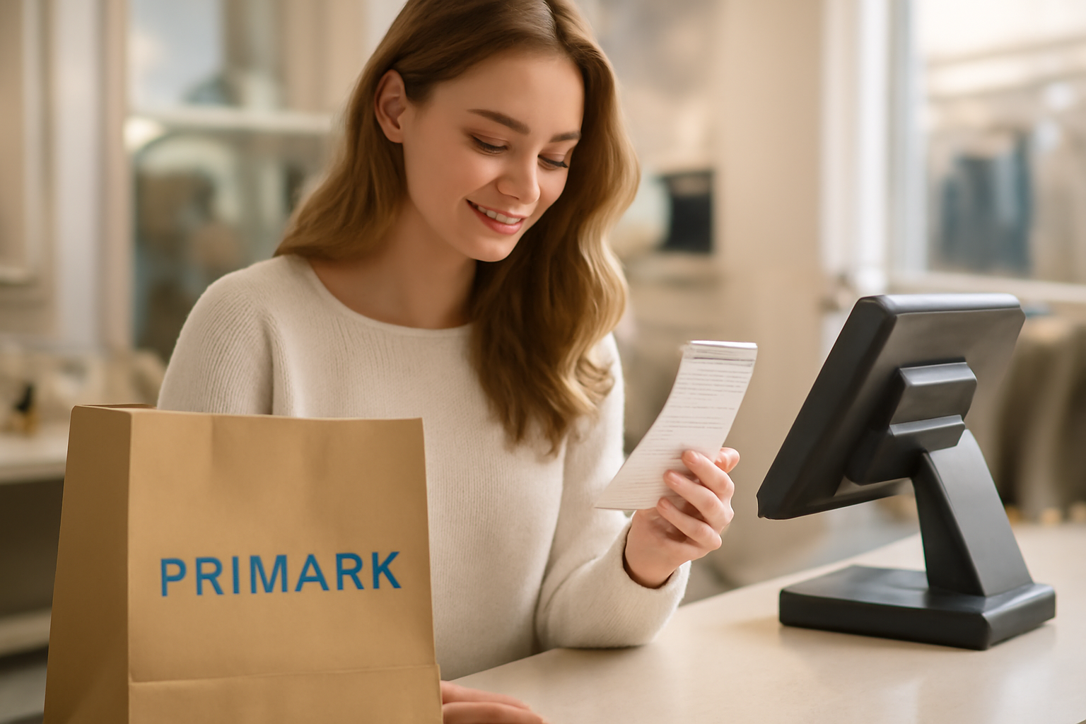 cliente au comptoir primark avec ticket de caisse
