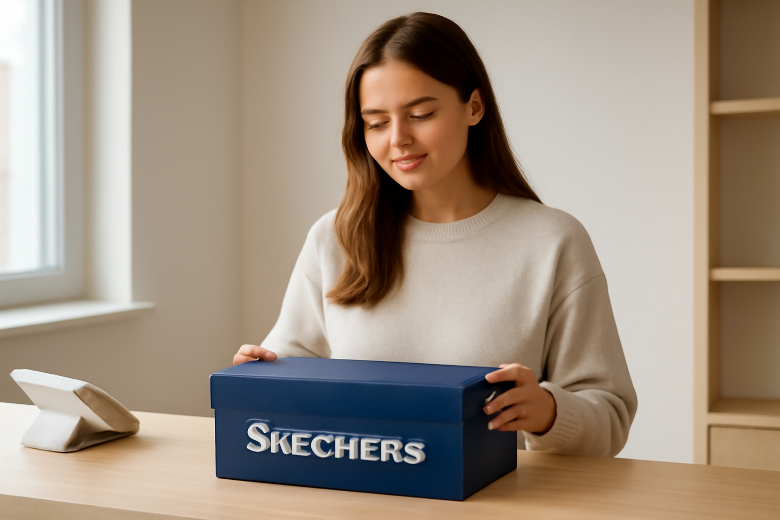 cliente au comptoir avec boîte skechers
