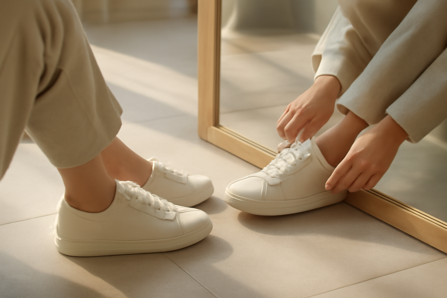 annie-chausseur-choisir-vans-old-skool personne essayant des sneakers basses devant un miroir
