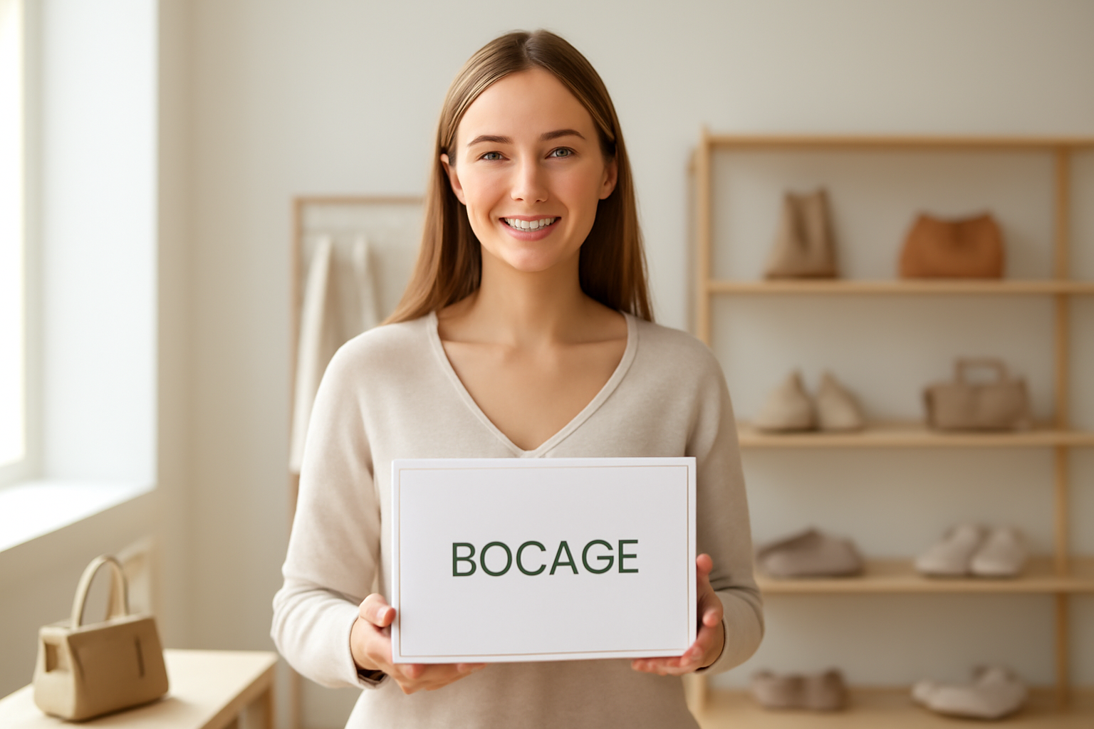 annie-chausseur-echange-bocage-boutique cliente présentant boîte bocage en magasin