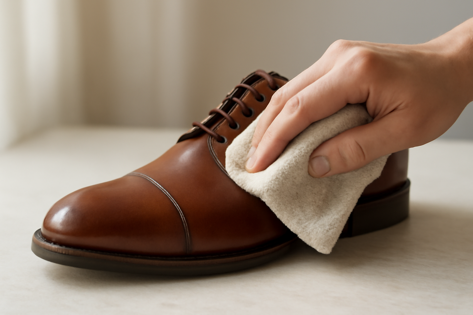 nettoyage d’une chaussure en cuir avec chiffon doux