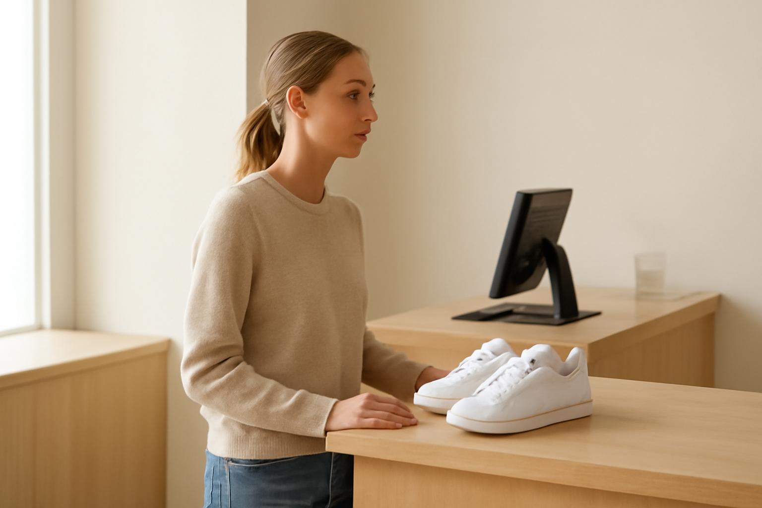cliente au comptoir SAV avec baskets