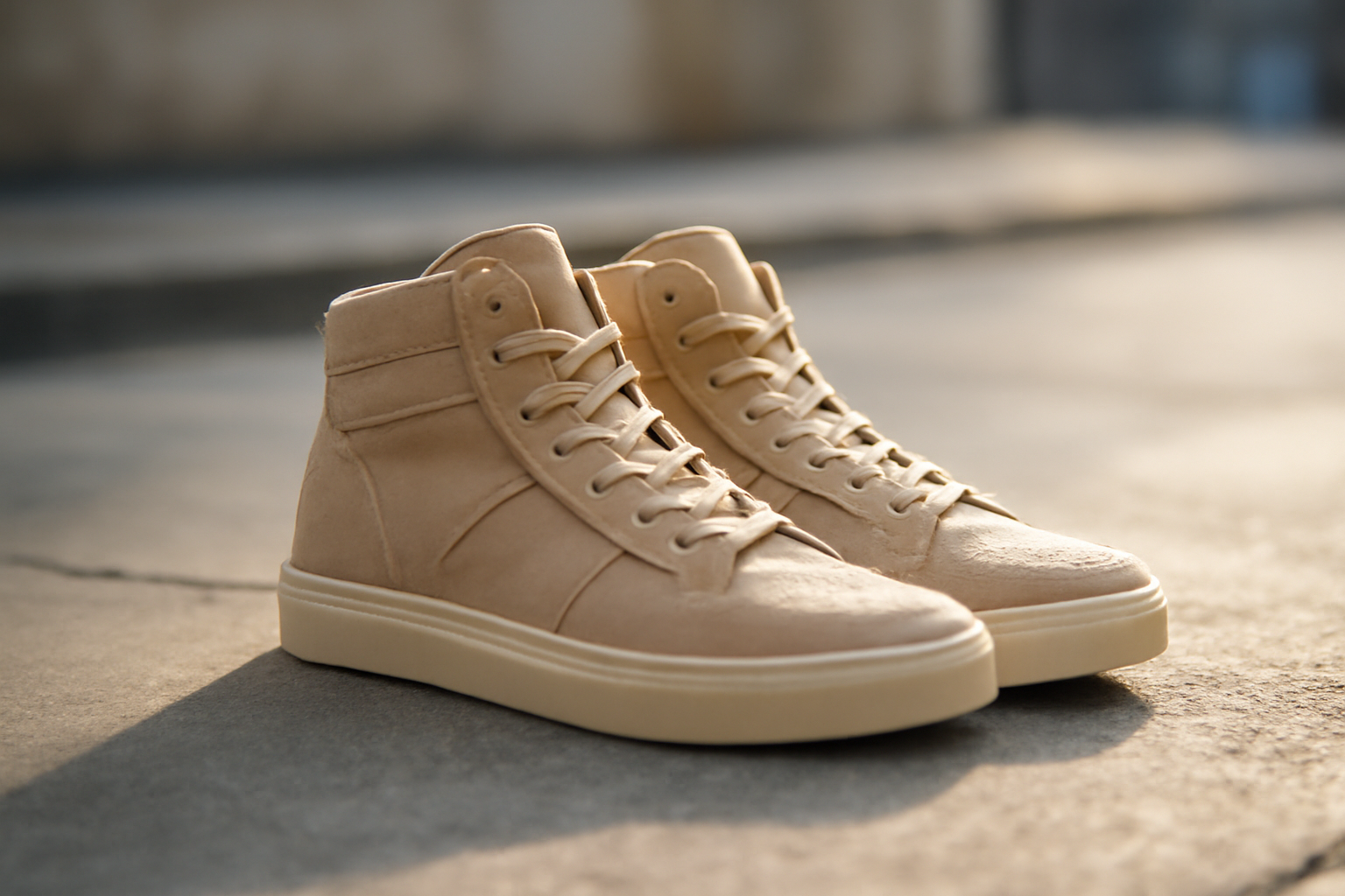 sneakers montantes posées sur surface urbaine