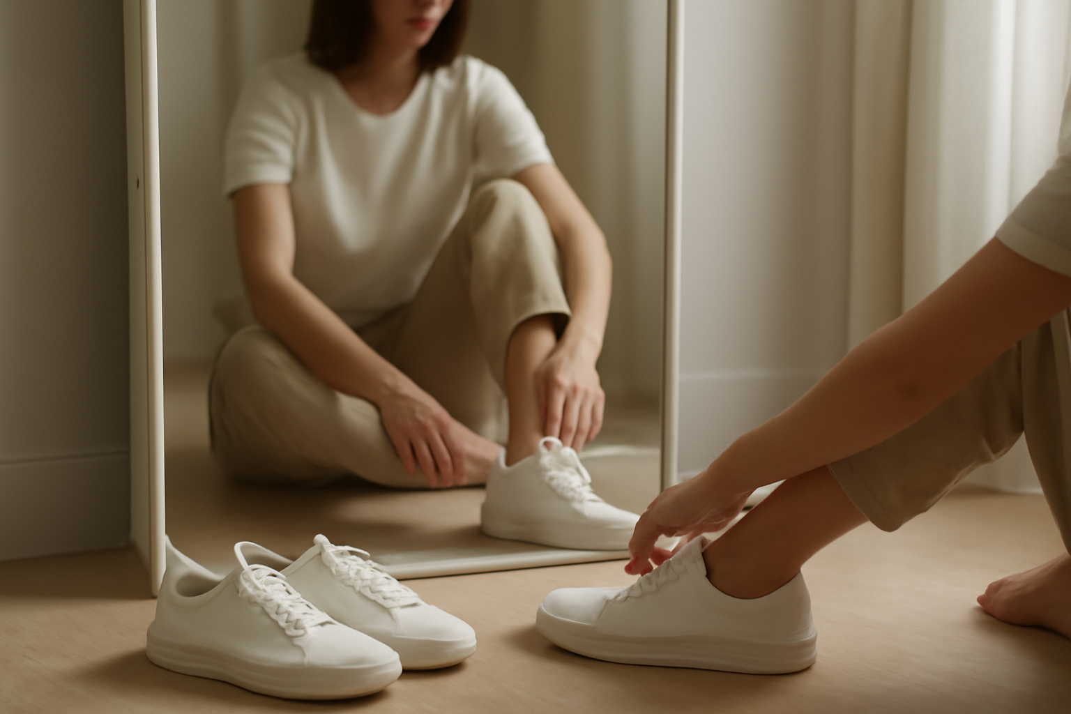 annie-chausseur-choisir-axel-arigato-sneakers personne essayant des sneakers minimalistes devant miroir