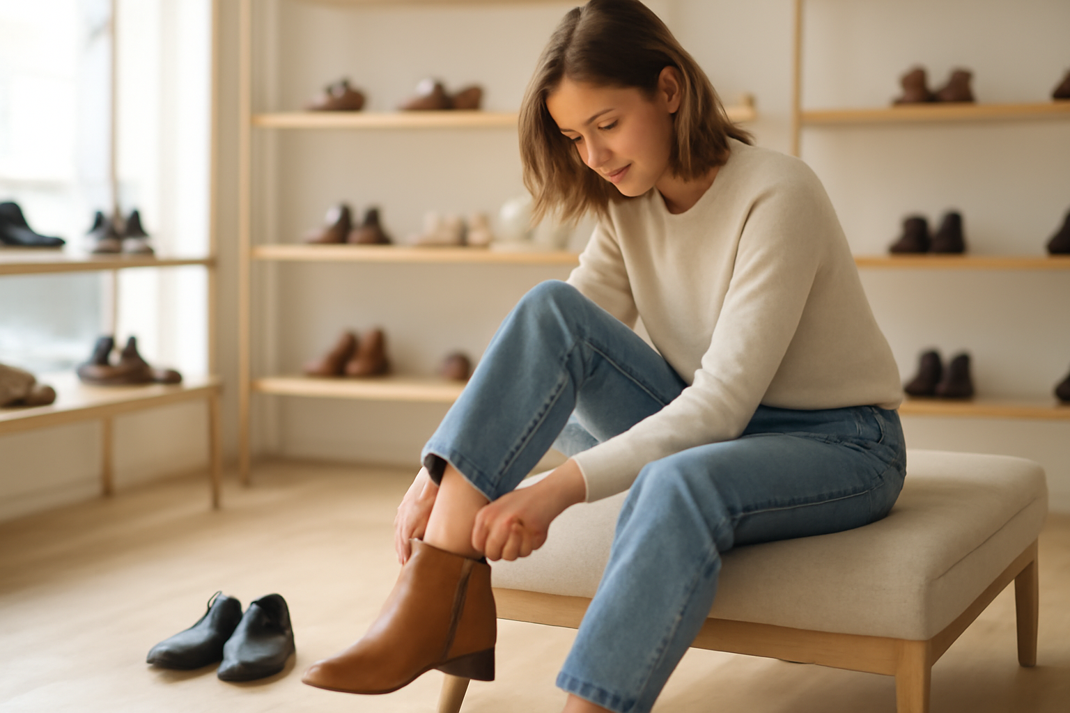 annie-chausseur-choisir-chaussures-boutique-specialisee client essayant chaussures dans boutique spécialisée