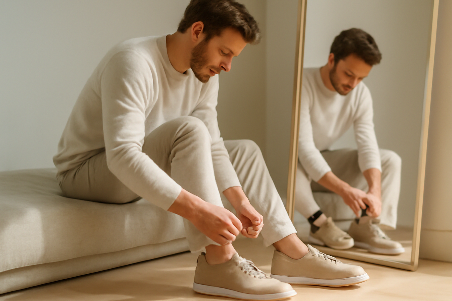 annie-chausseur-choisir-chaussures-casual-homme homme essayant chaussures casual devant miroir