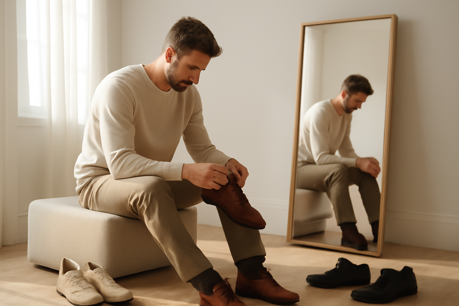 annie-chausseur-choisir-chaussures-homme-quotidien homme essayant plusieurs paires de chaussures devant miroir