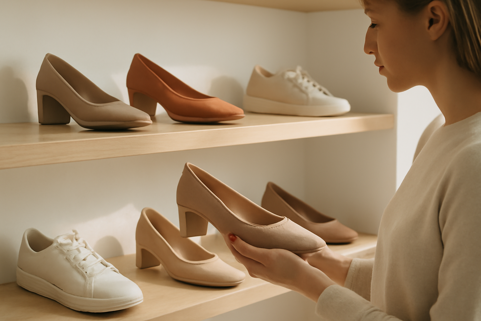 annie-chausseur-choisir-chaussures-magasin-ville personne comparant plusieurs chaussures en magasin