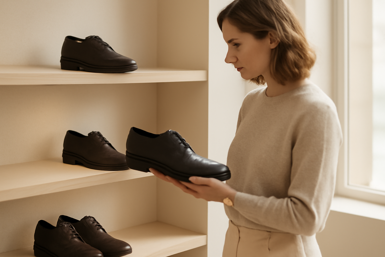 annie-chausseur-choisir-chaussures-minimalistes personne comparant des chaussures sobres en magasin