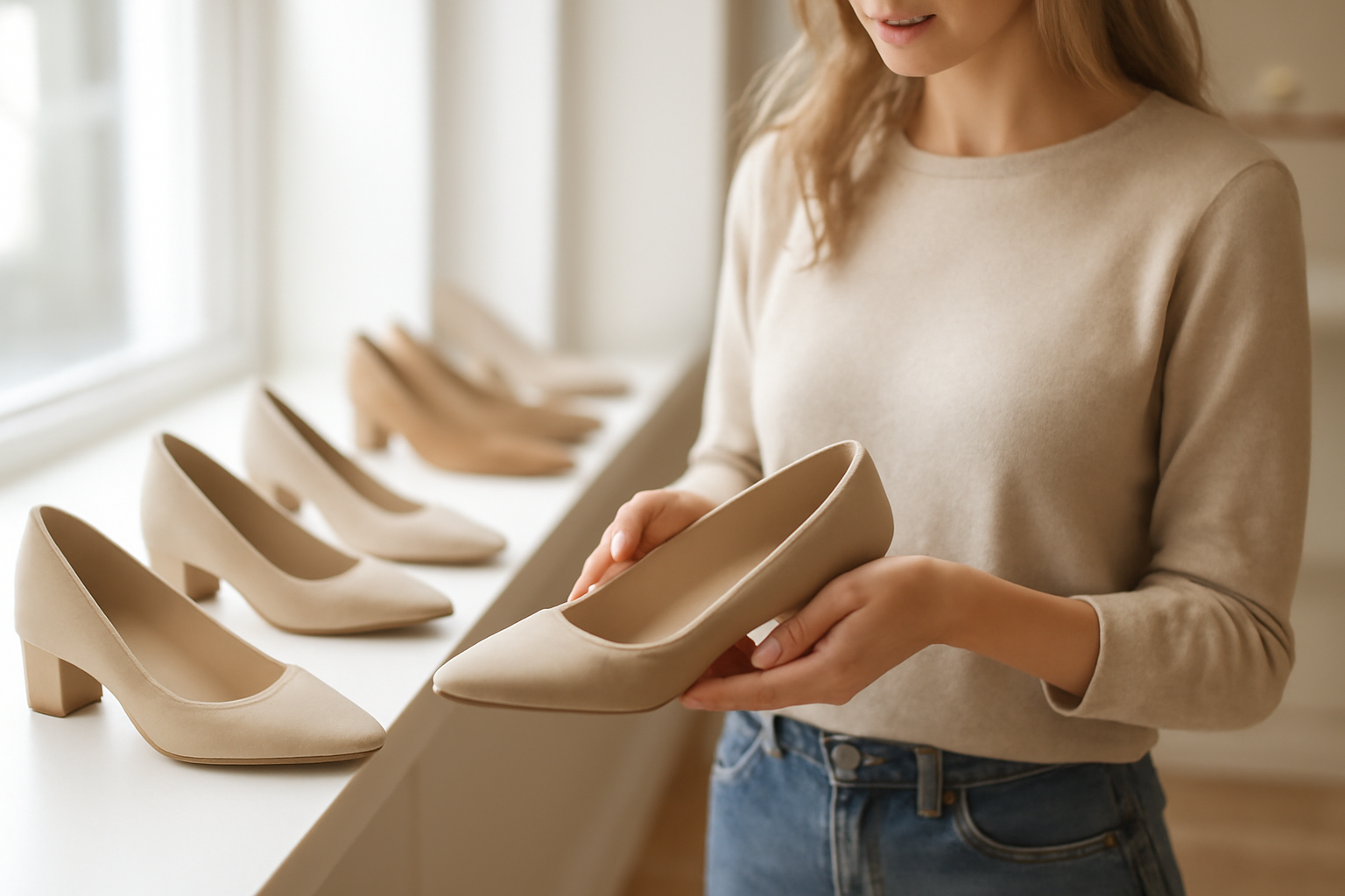 annie-chausseur-choisir-chaussures-polyvalentes personne comparant plusieurs chaussures en magasin