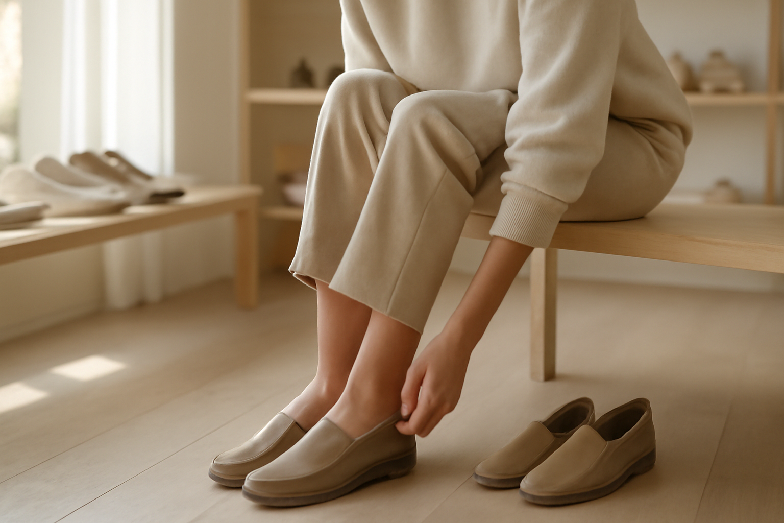 annie-chausseur-choisir-chaussures-quotidien personne essayant chaussures simples dans magasin