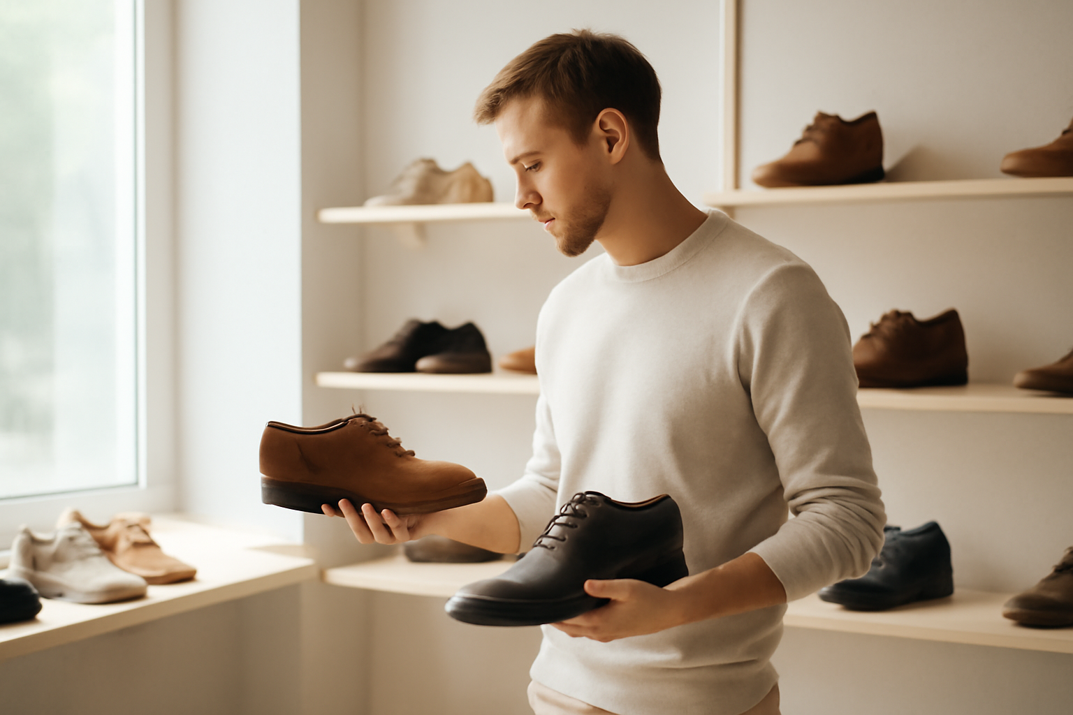 annie-chausseur-choisir-chaussures-simples-homme homme comparant différentes chaussures en magasin