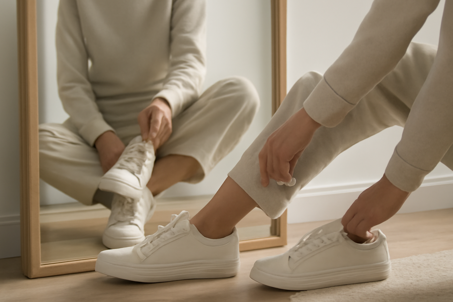 annie-chausseur-choisir-nike-cortez personne essayant des sneakers basses devant miroir