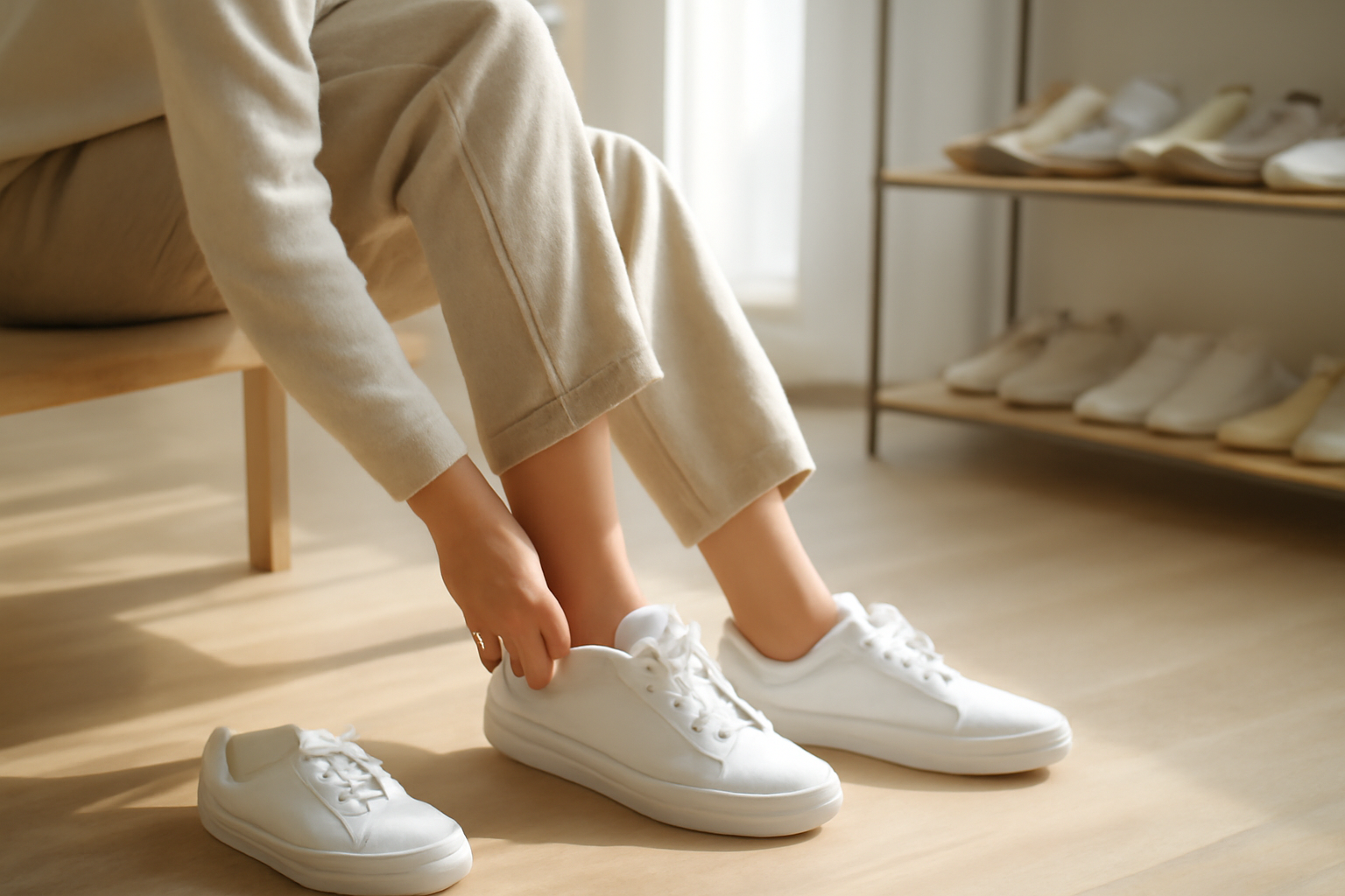 personne essayant des sneakers basses dans un magasin