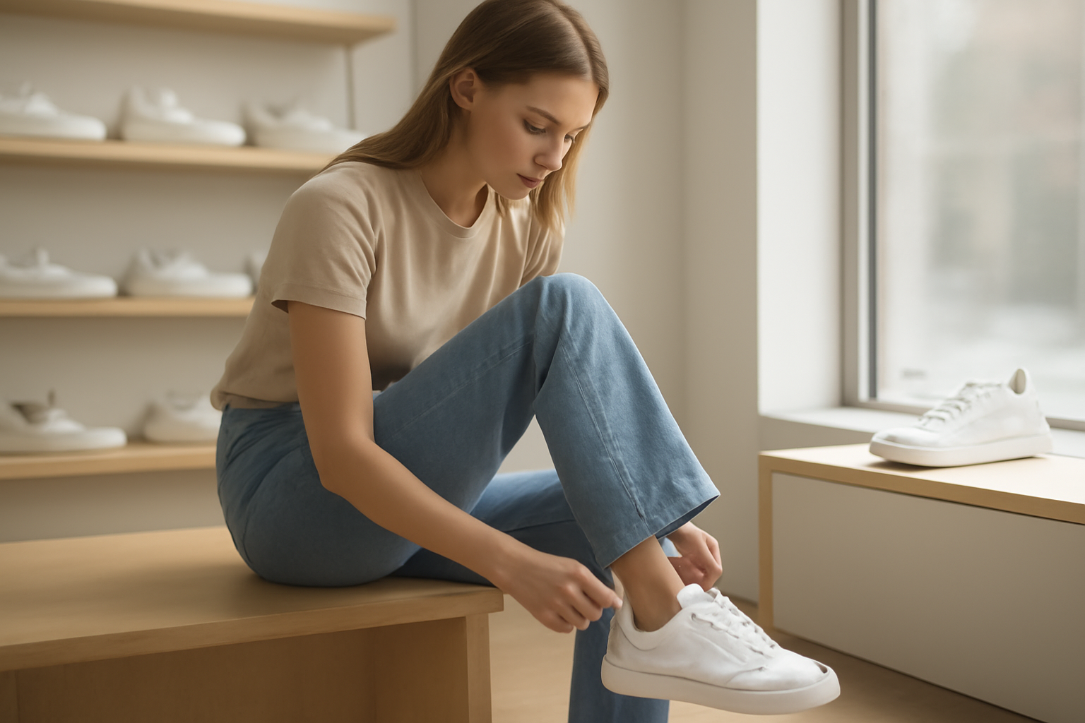 annie-chausseur-choisir-reebok-classic-leather personne essayant des sneakers dans magasin
