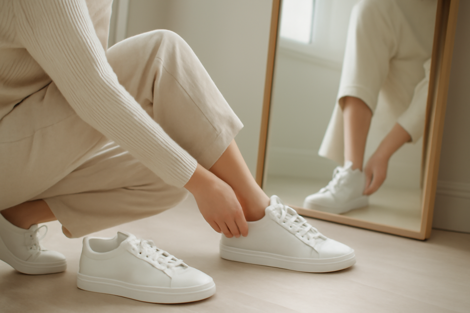 annie-chausseur-choisir-reebok-club-c personne essayant des baskets basses devant un miroir