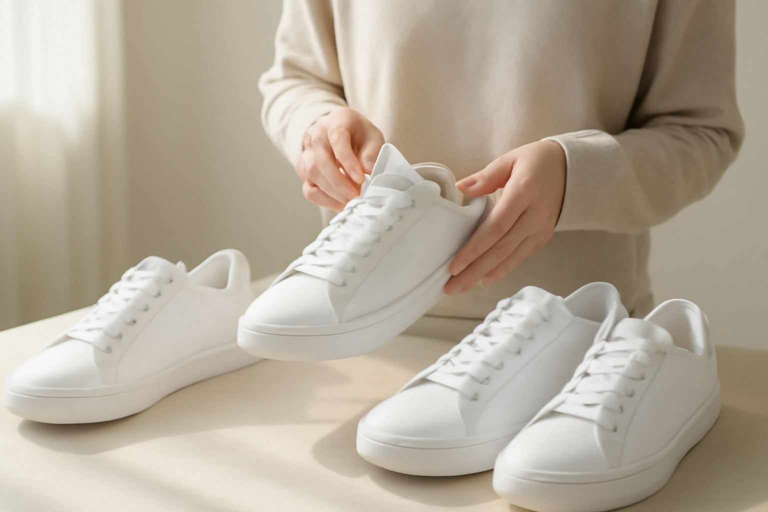 annie-chausseur-choisir-sneakers-blanches personne comparant plusieurs paires de sneakers blanches