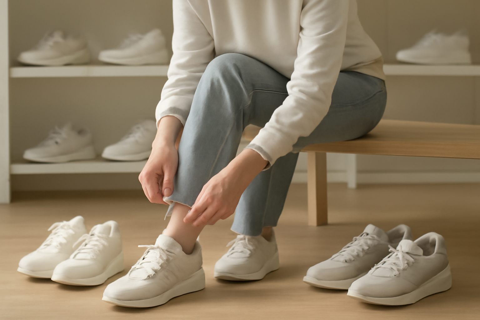 annie-chausseur-choisir-sneakers-confortables personne essayant plusieurs paires de sneakers en magasin