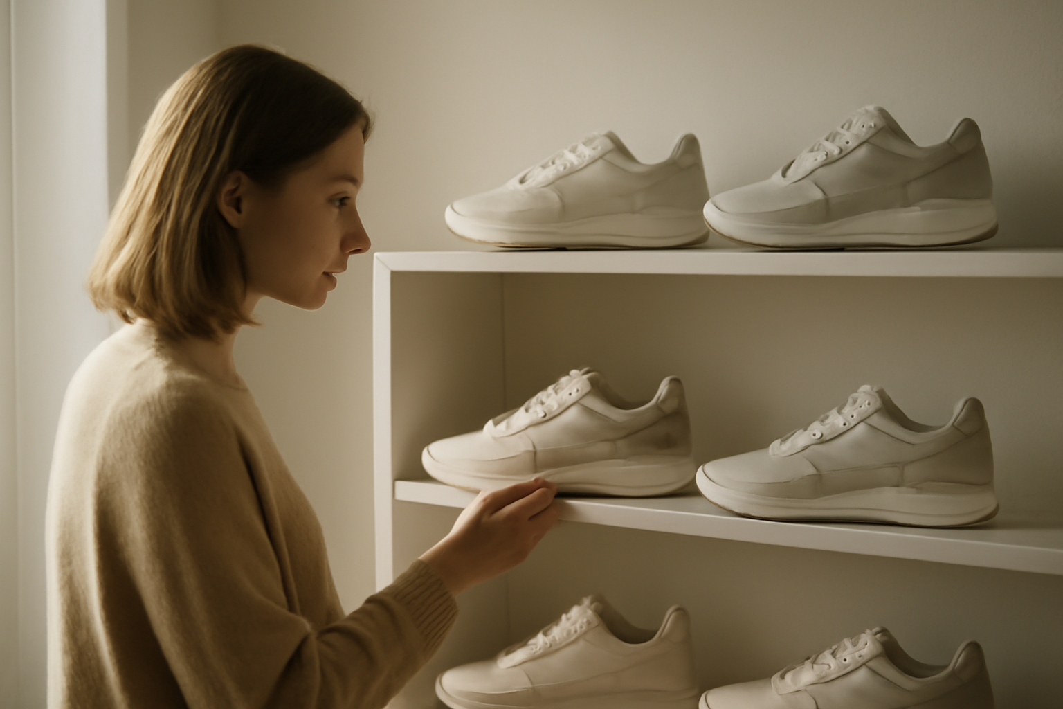personne regardant différentes sneakers sur étagère