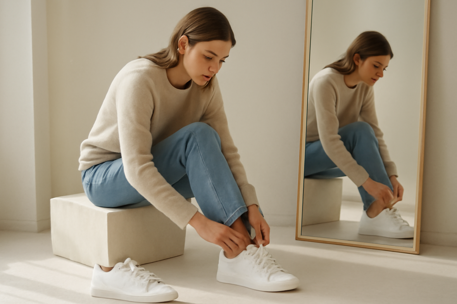 annie-chausseur-choisir-sneakers-quotidien personne essayant des sneakers devant miroir