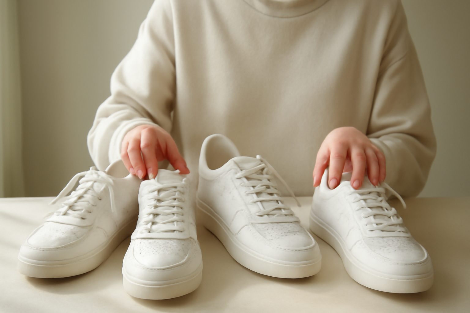 annie-chausseur-choisir-sneakers-veja personne comparant plusieurs sneakers blanches