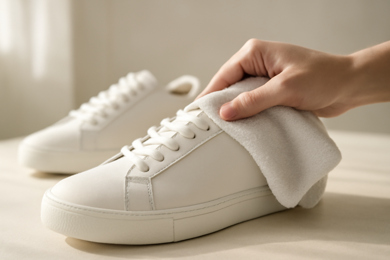 annie-chausseur-nettoyer-chaussures-blanches-cuir nettoyage de chaussure blanche avec chiffon doux