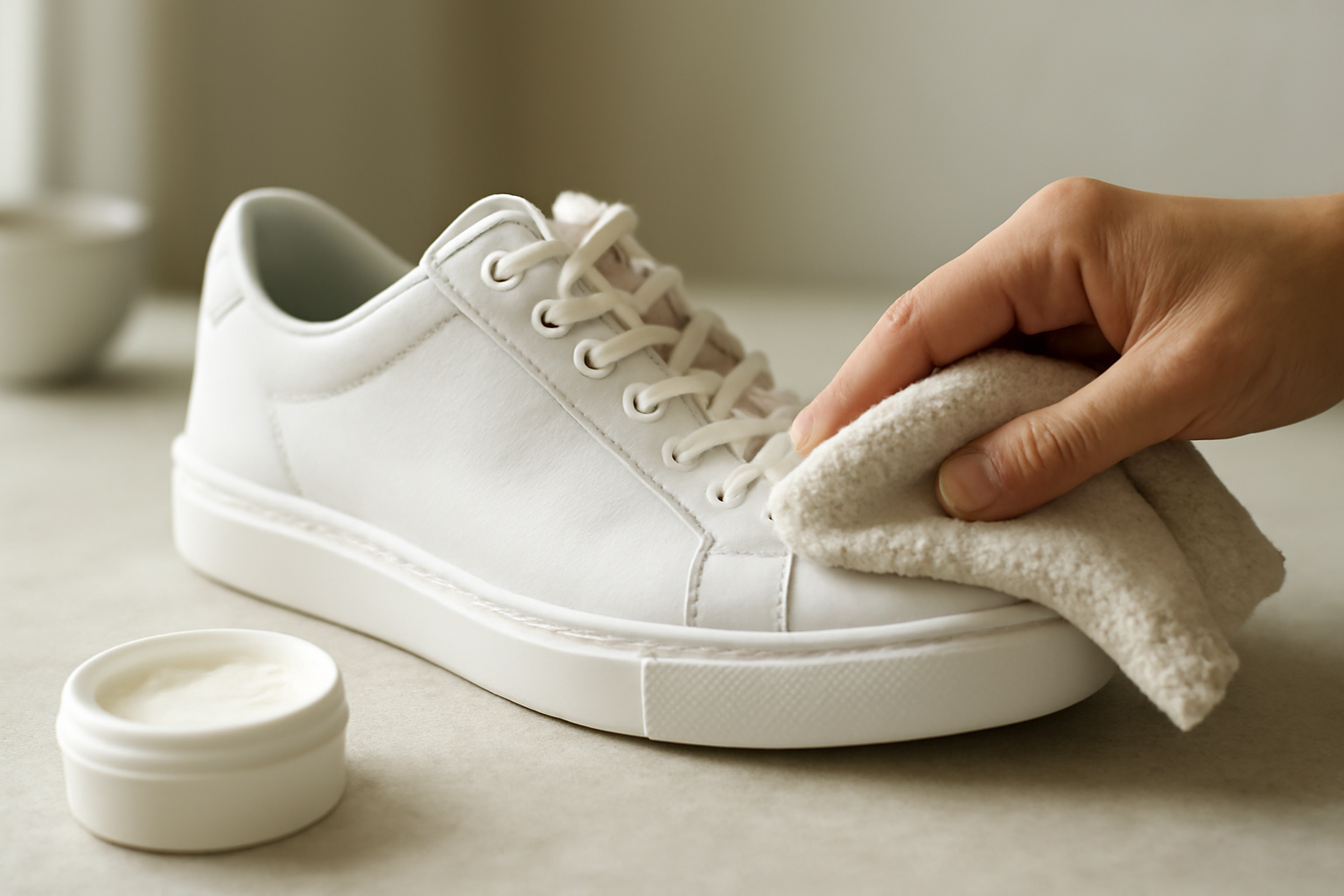 annie-chausseur-nettoyer-chaussures-cuir-blanc nettoyage de chaussure blanche avec chiffon