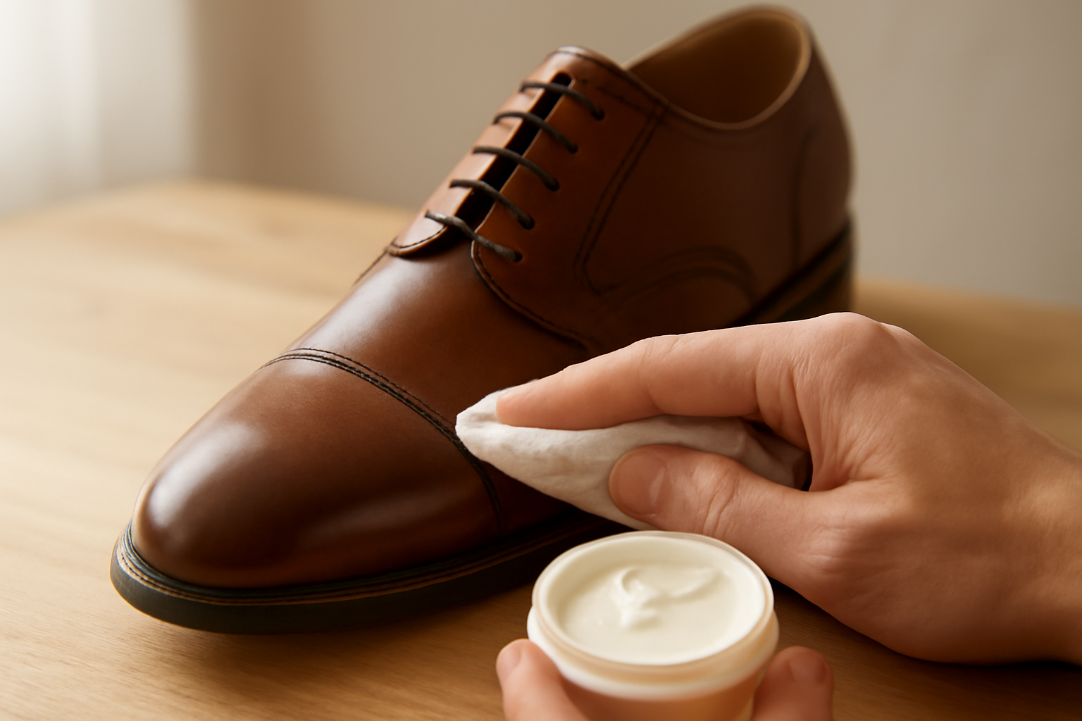 annie-chausseur-nettoyer-chaussures-cuir-naturel application de crème sur chaussure en cuir