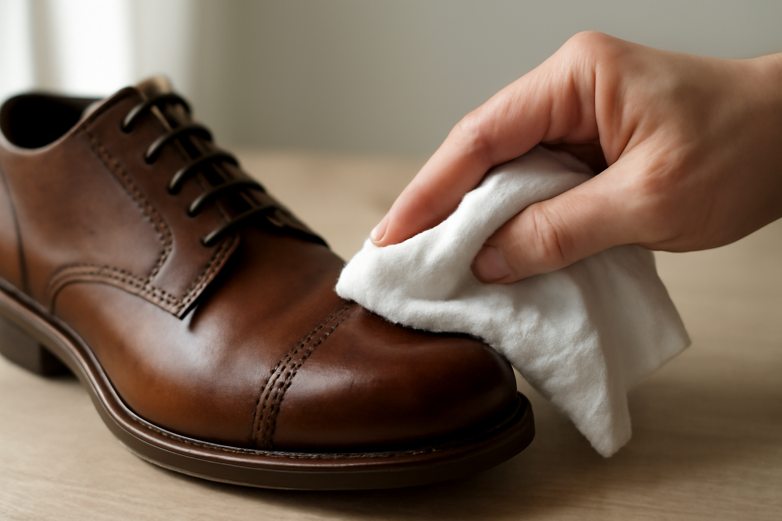 chiffon humide nettoyant une chaussure en cuir
