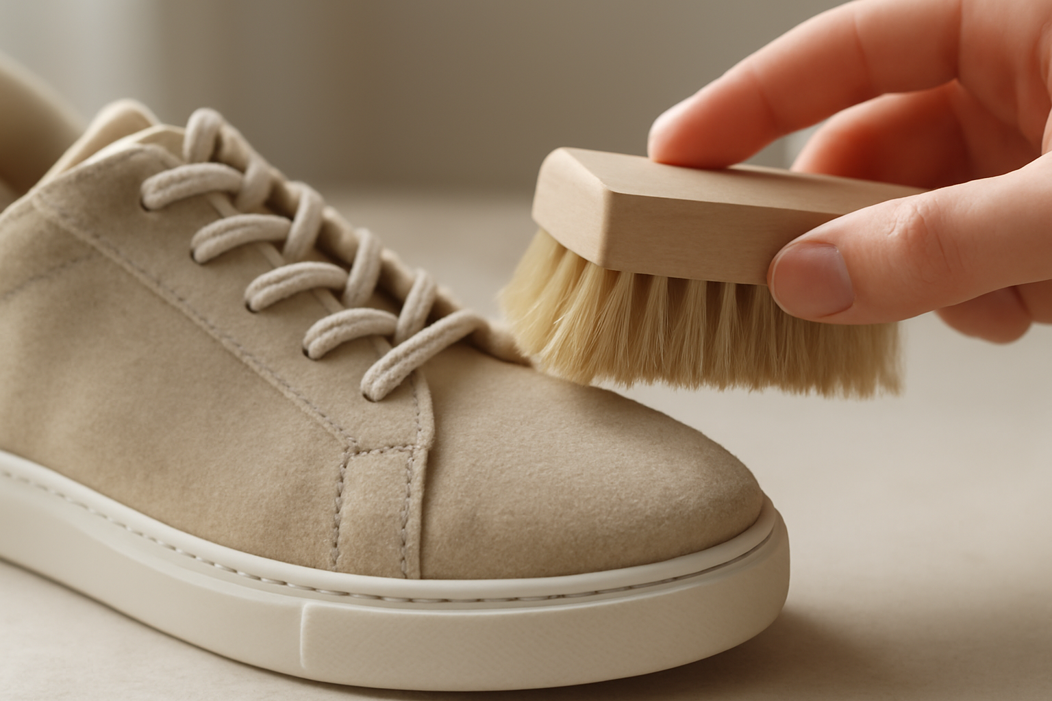 brosse spéciale nettoyant une chaussure en matière veloutée
