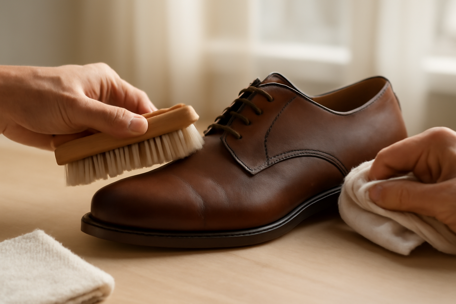 brosse et chiffon nettoyant une chaussure sur table