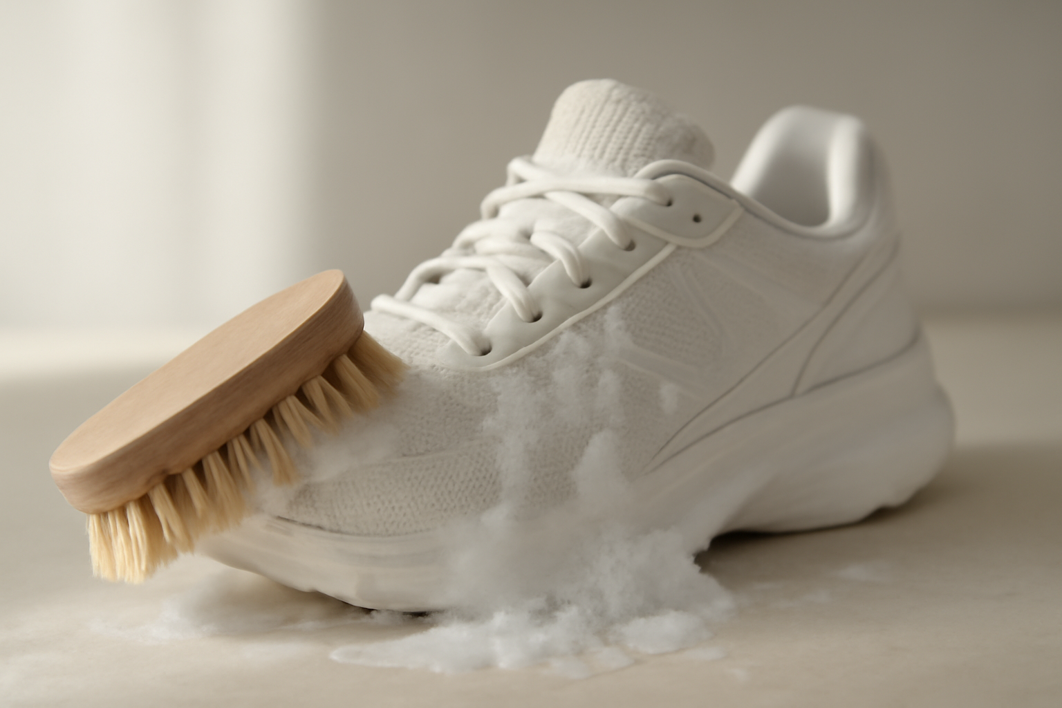 brosse nettoyant une chaussure de sport avec mousse