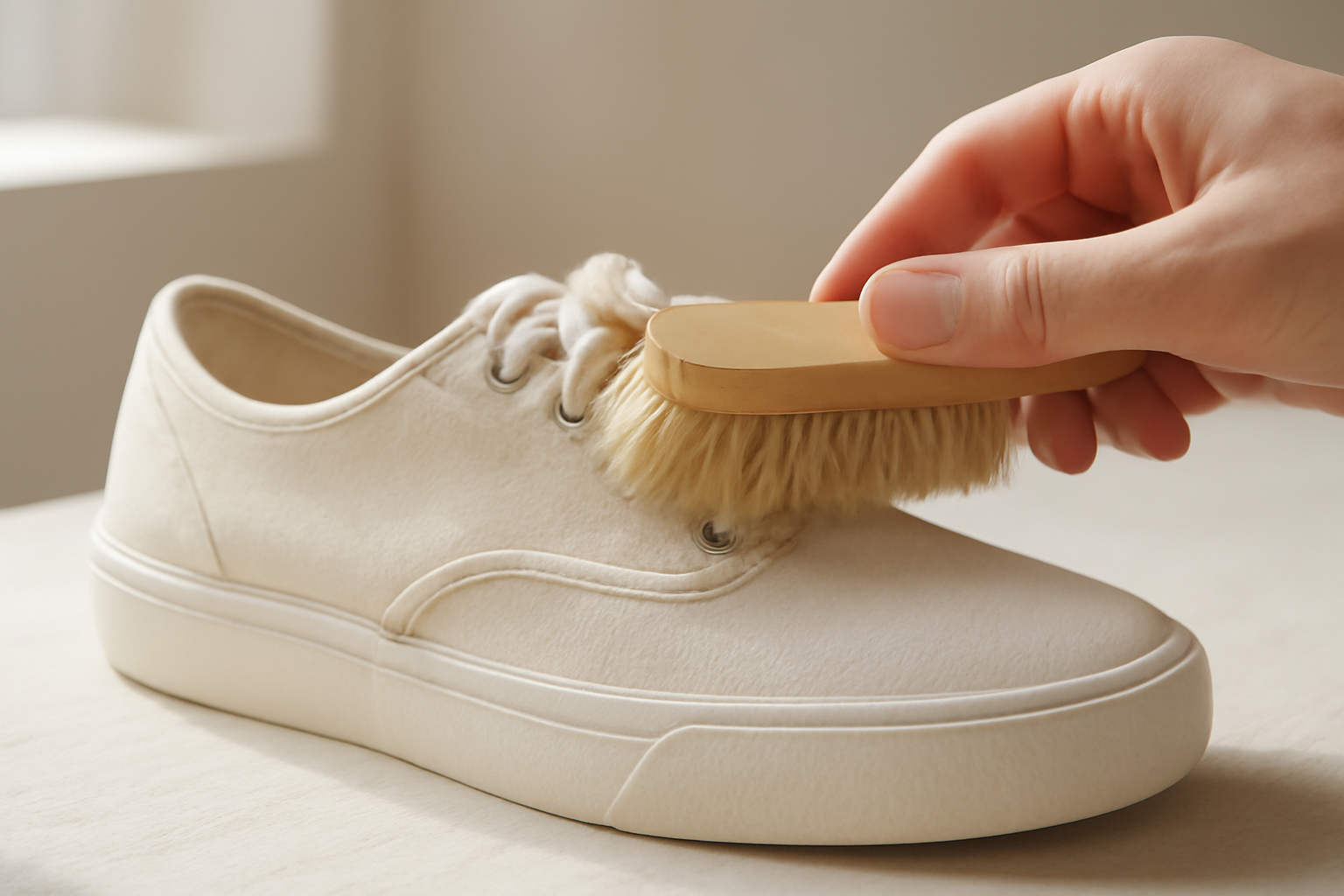 annie-chausseur-nettoyer-chaussures-toile brosse douce nettoyant une chaussure en tissu clair