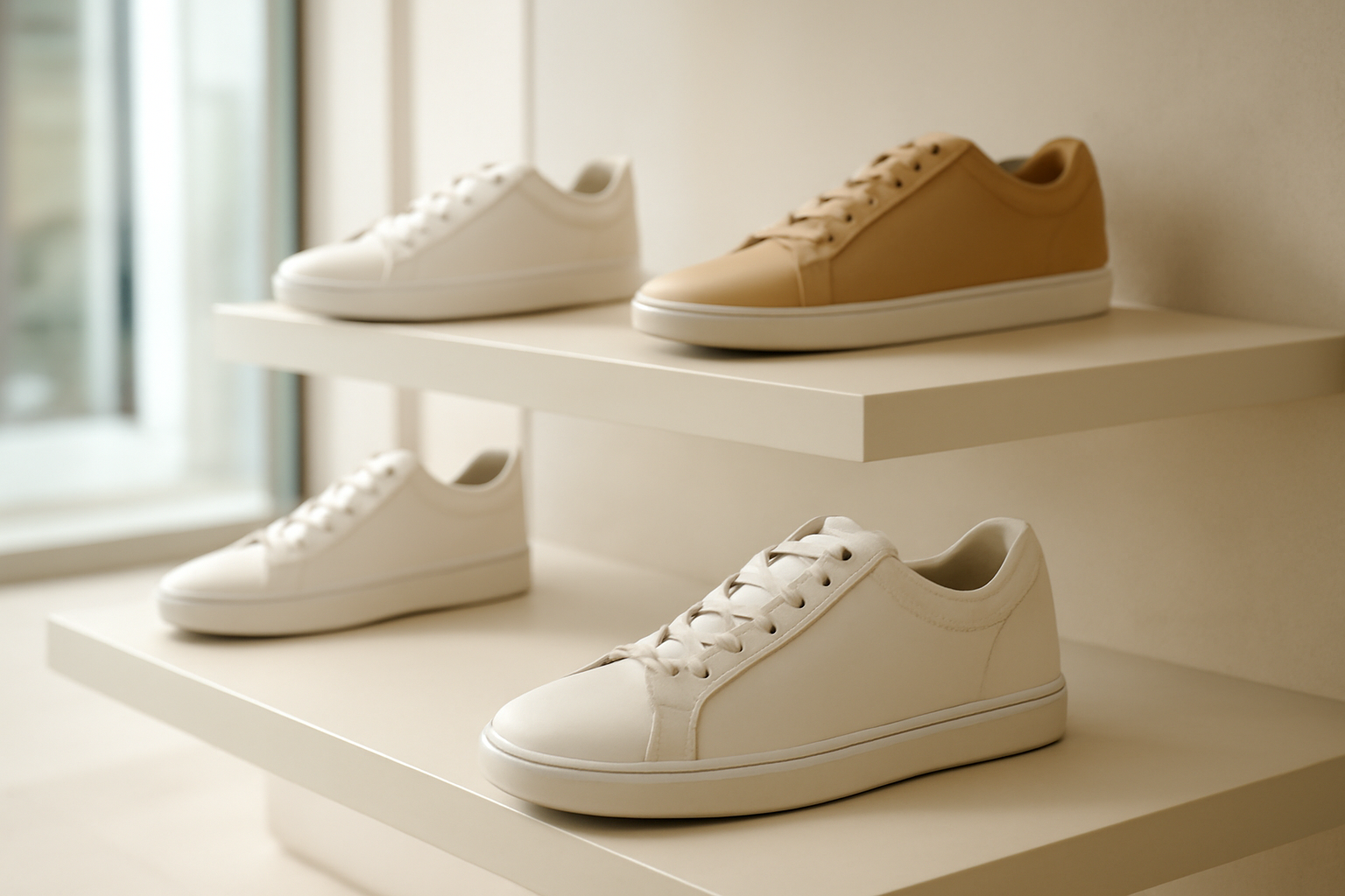 annie-chausseur-nouveautes-baskets-cuir sneakers en cuir exposées dans boutique moderne