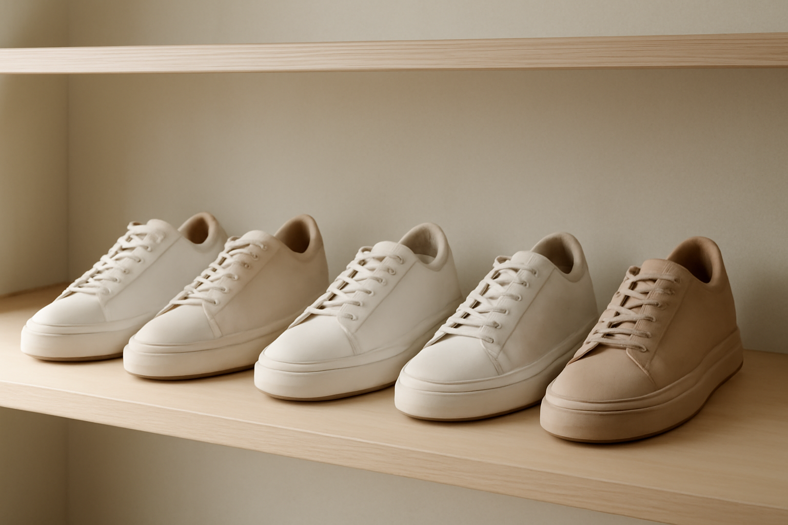 annie-chausseur-nouveautes-sneakers-minimalistes sneakers épurées alignées sur étagère