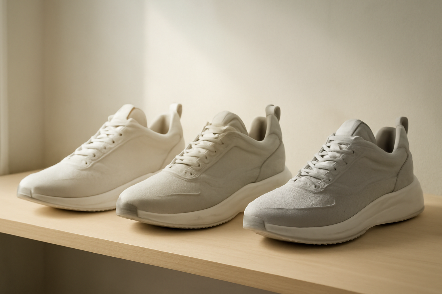 sneakers techniques exposées sur étagère