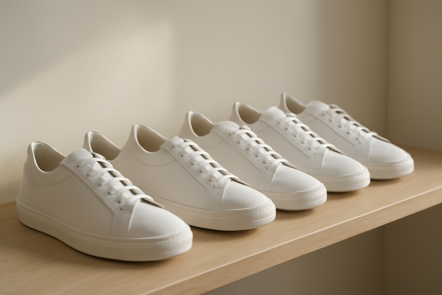 annie-chausseur-nouveaux-modeles-baskets-minimalistes sneakers simples et épurées alignées sur étagère