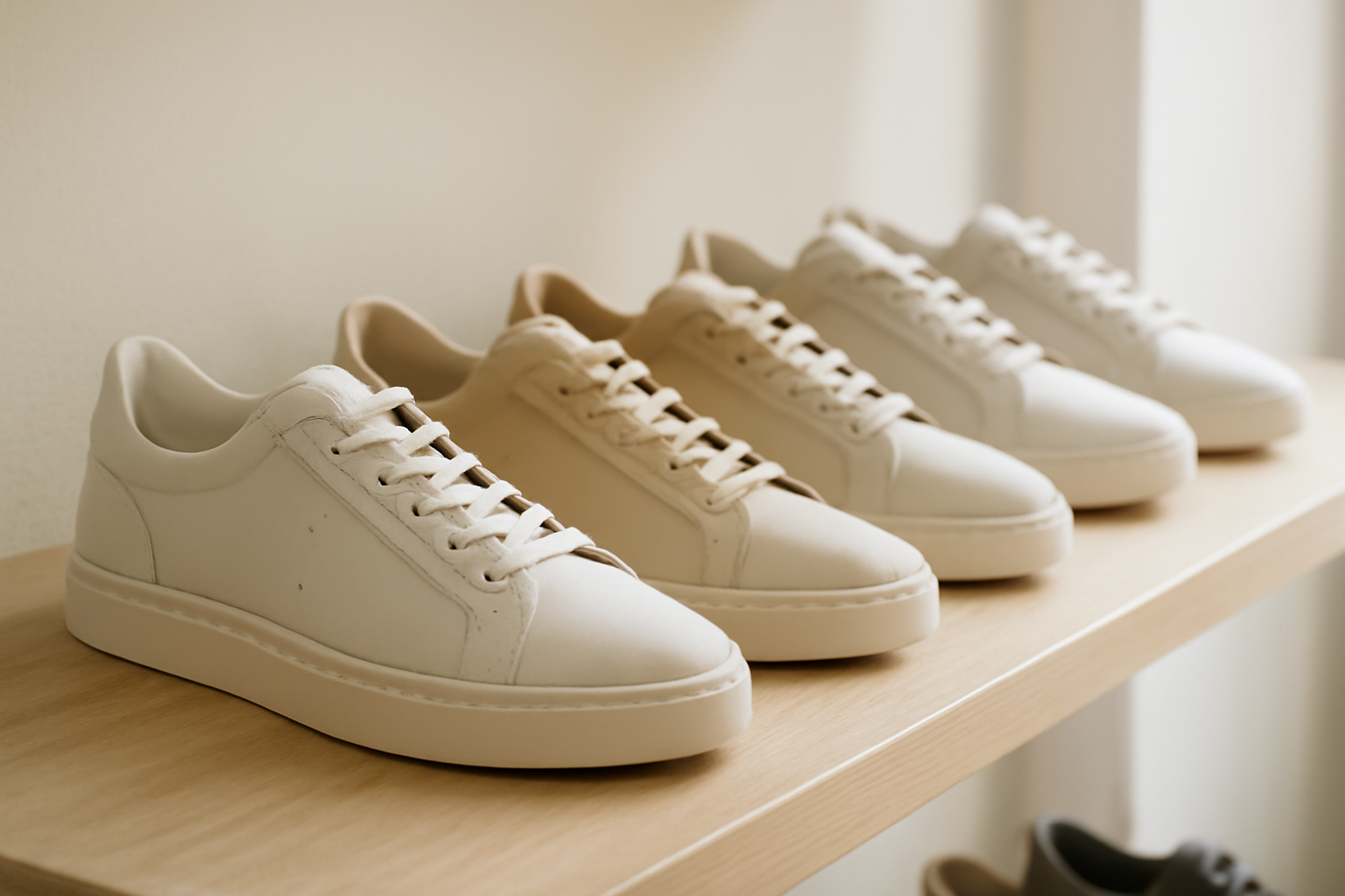 sneakers basses alignées sur étagère de magasin