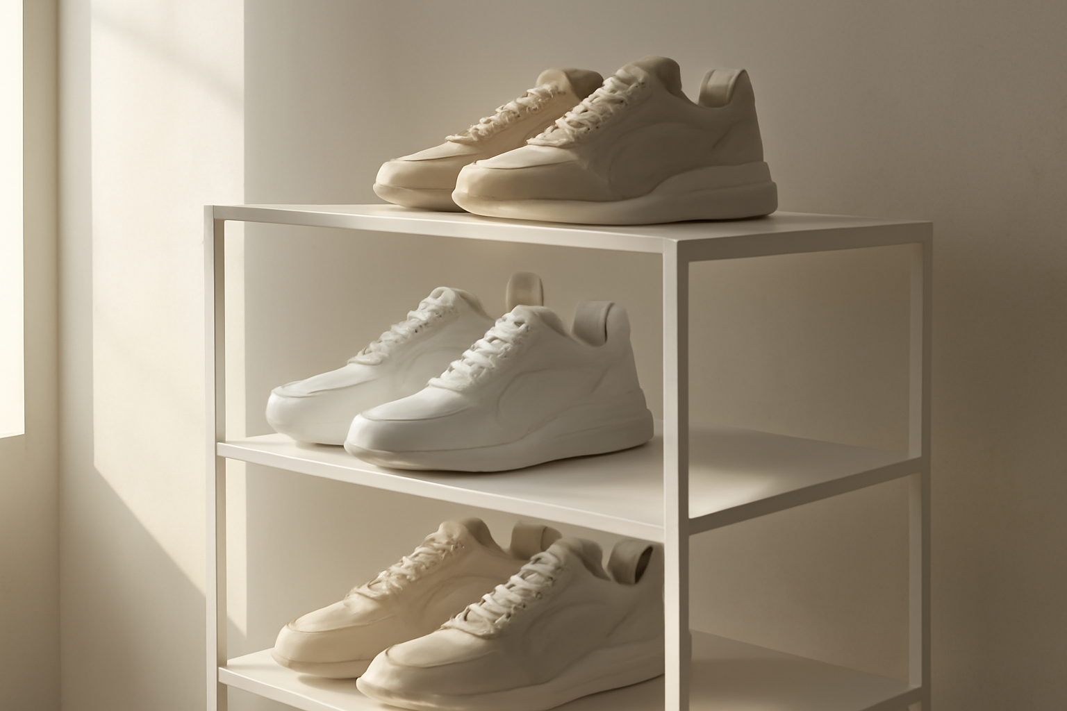 annie-chausseur-nouvelles-sneakers-aime-leon-dore sneakers modernes exposées sur étagère minimaliste