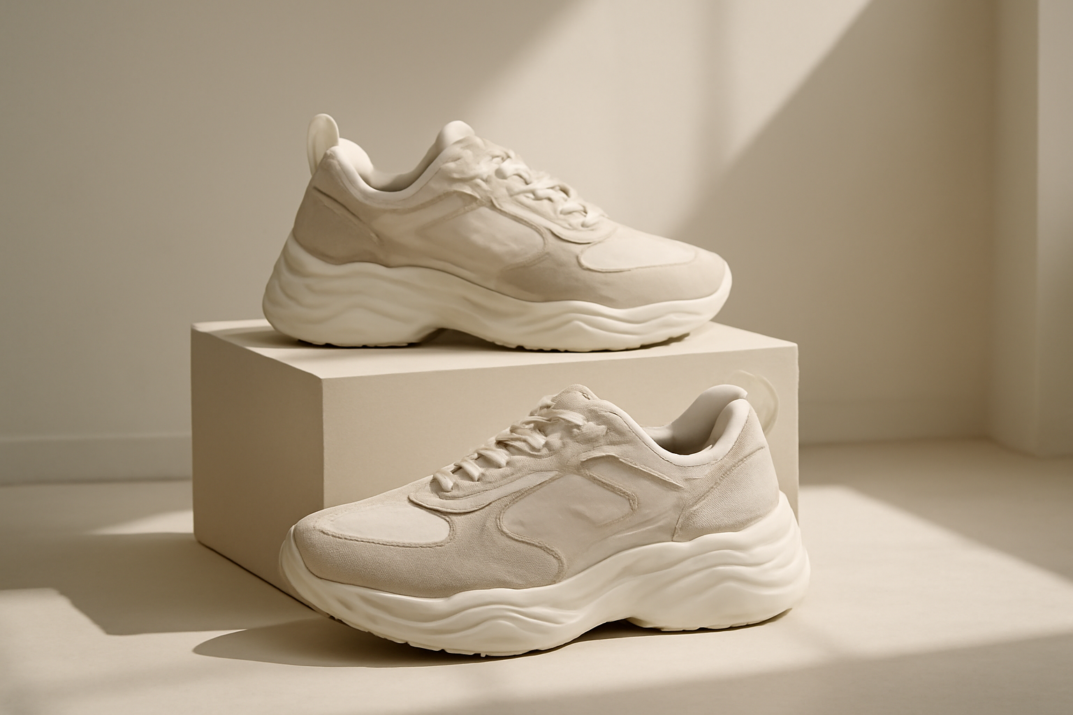 sneakers design exposées sur présentoir