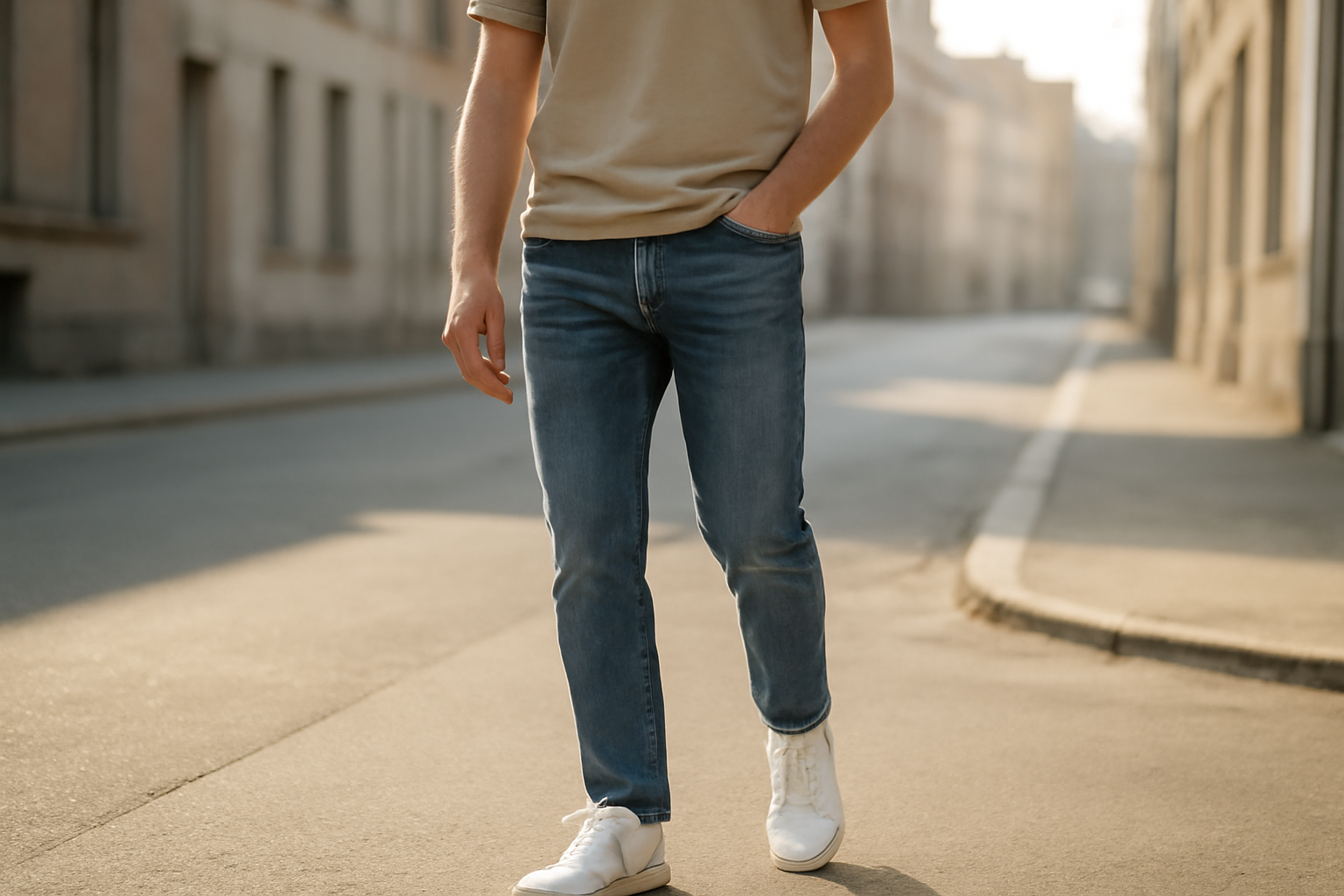 annie-chausseur-porter-baskets-blanches-homme homme avec sneakers blanches et jean dans rue urbaine