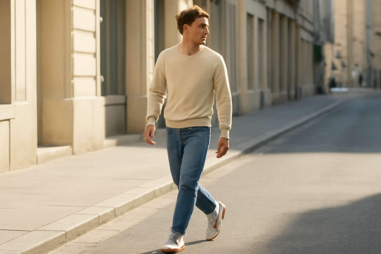 annie-chausseur-porter-baskets-retro-style homme marchant en ville avec sneakers style rétro
