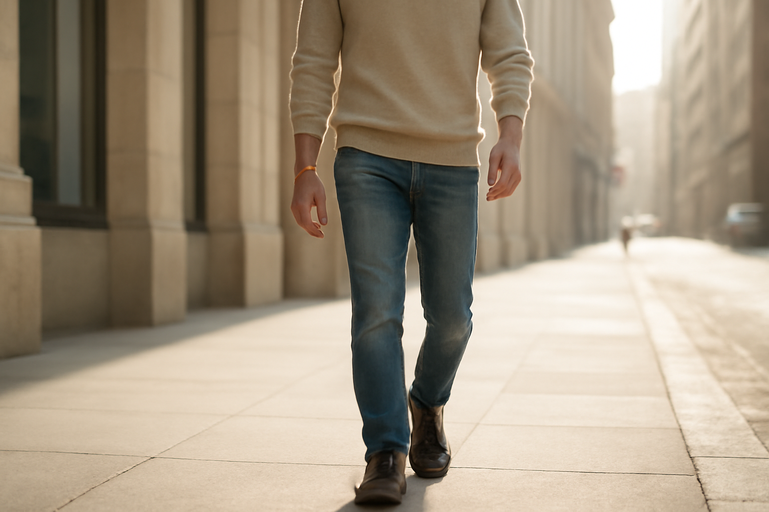 annie-chausseur-porter-bottes-urbaines-homme homme marchant en ville avec bottes et jean