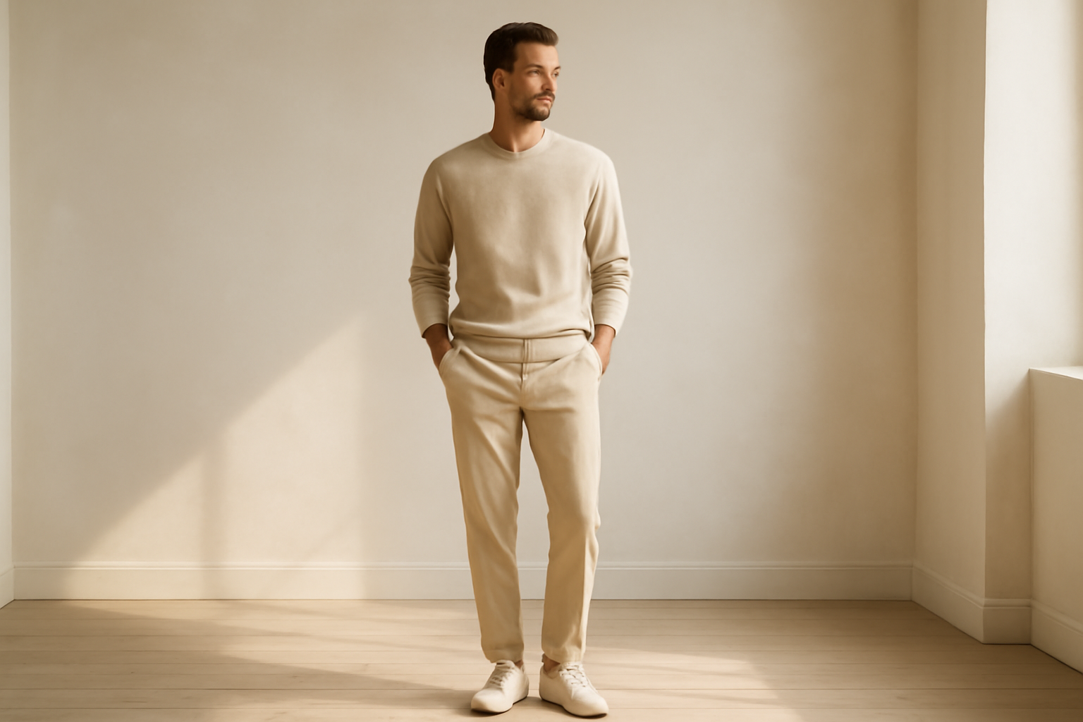 homme avec tenue neutre et chaussures claires