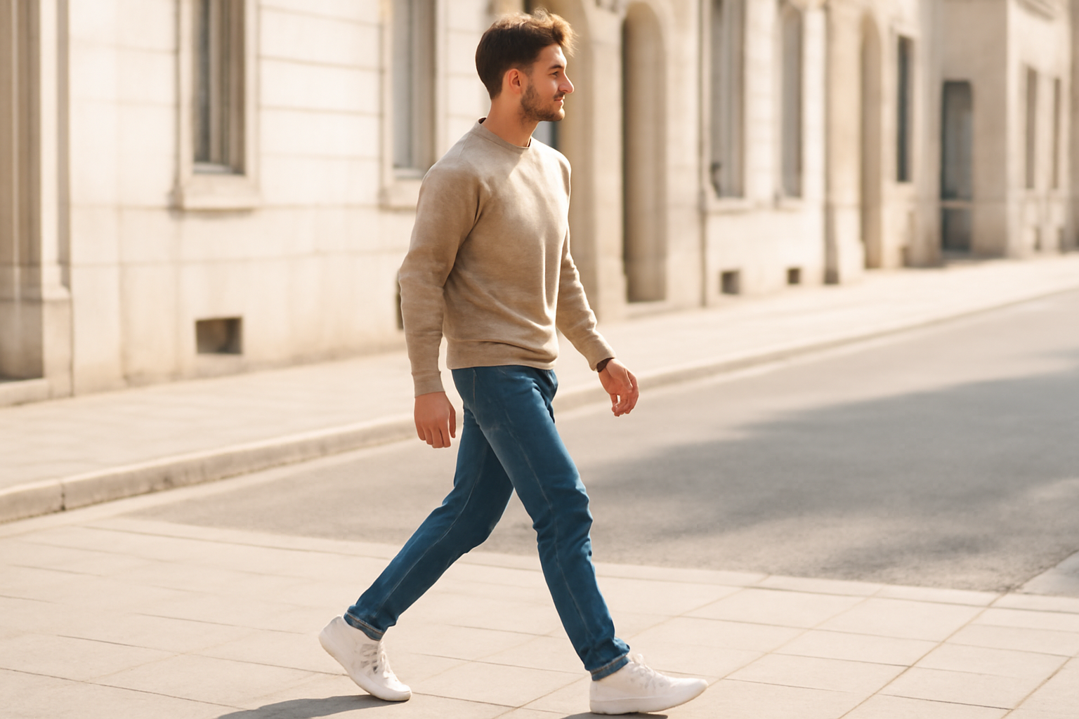 annie-chausseur-porter-chaussures-blanches-homme homme marchant avec sneakers blanches en ville