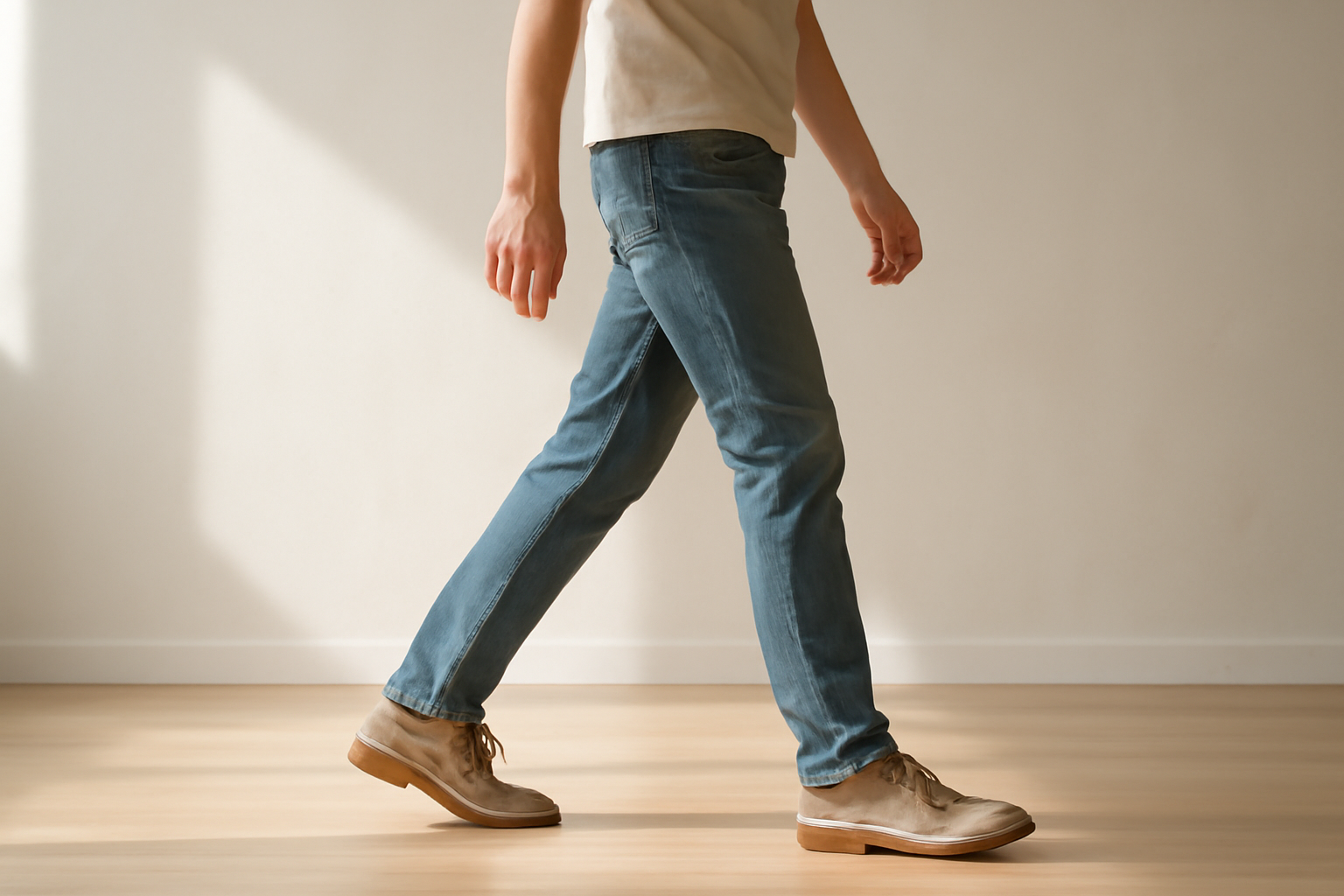 annie-chausseur-porter-chaussures-casual-jean personne marchant avec jean et chaussures casual